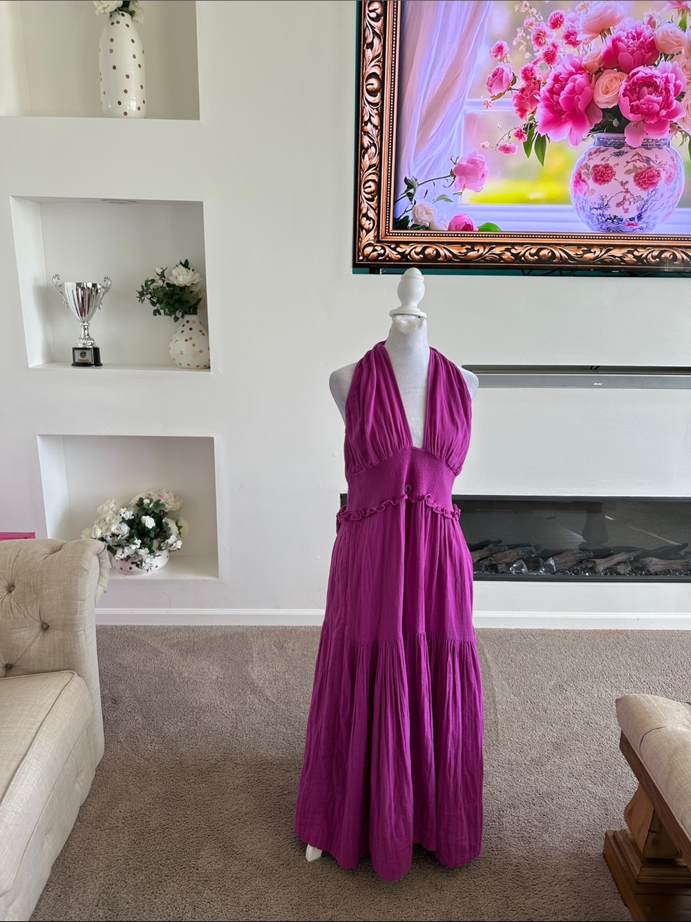 ME+EM Magenta Halter Maxi Dress